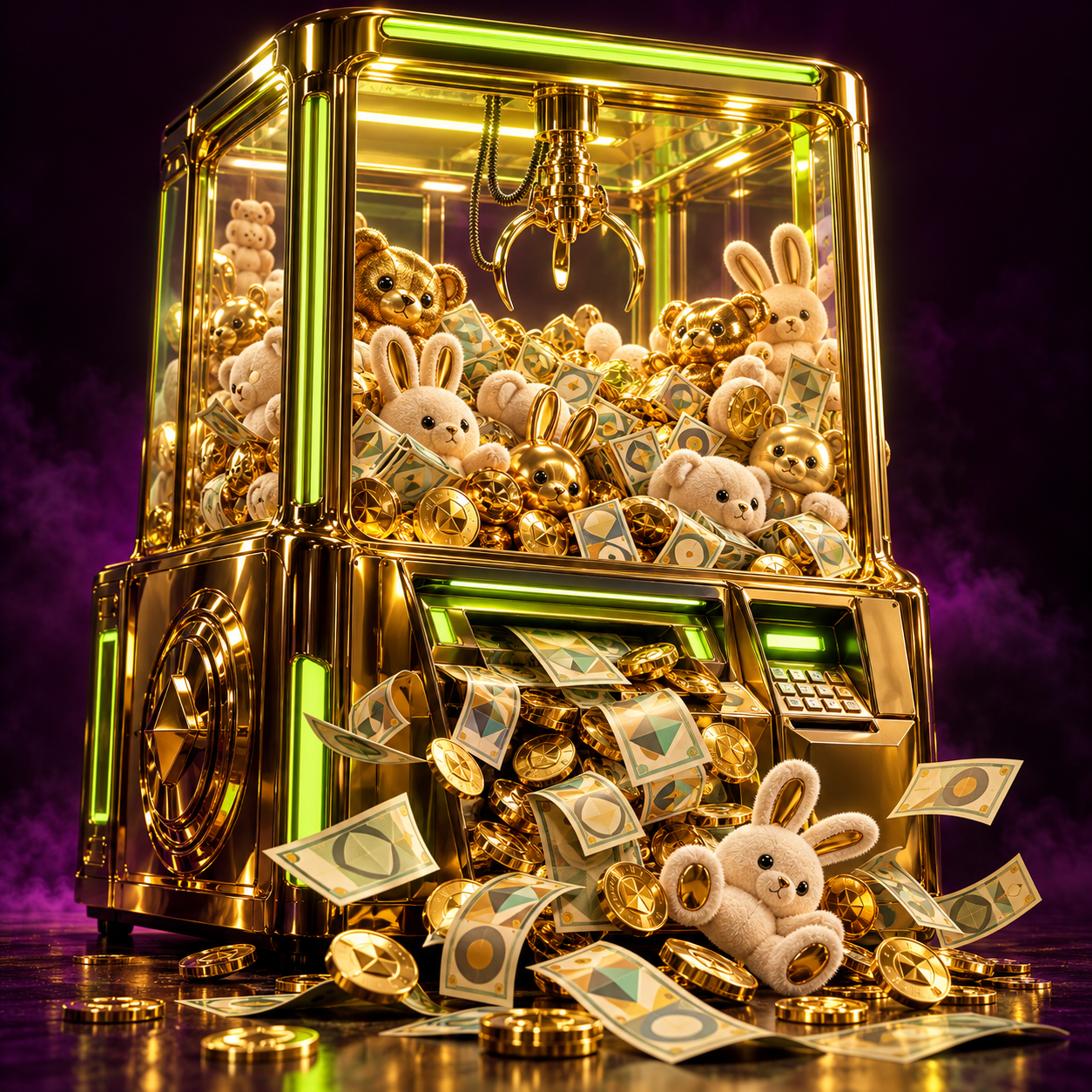 Gold claw machine and ATM spilling fictional cash, gold tokens, and plush bears and bunnies